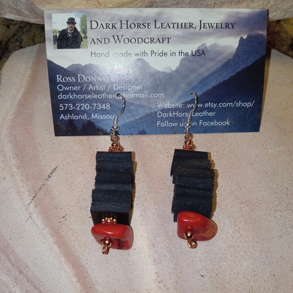 Stacked leather and Coral Earrings